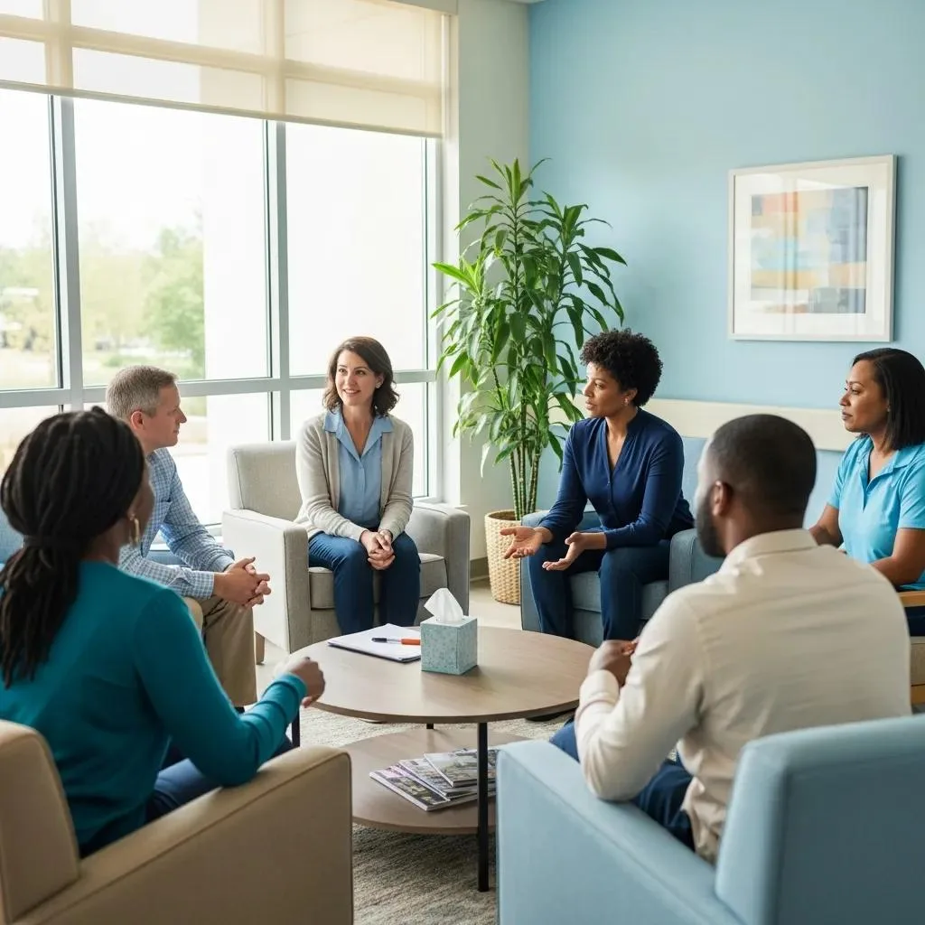 Addiction Treatment &Amp; Rehab Southern Highlands, Nevada Group therapy session in a bright inpatient rehab facility, showcasing individuals engaged in discussion and support, emphasizing community and therapeutic environment.
