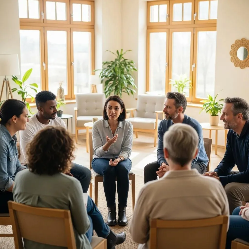 A Typical Day In Inpatient Addiction Rehab Engaged Group Therapy Session In A Bright Room