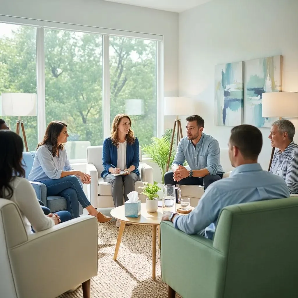 Group therapy session in a bright treatment center with participants engaged in supportive discussion, emphasizing outpatient addiction treatment and recovery support.