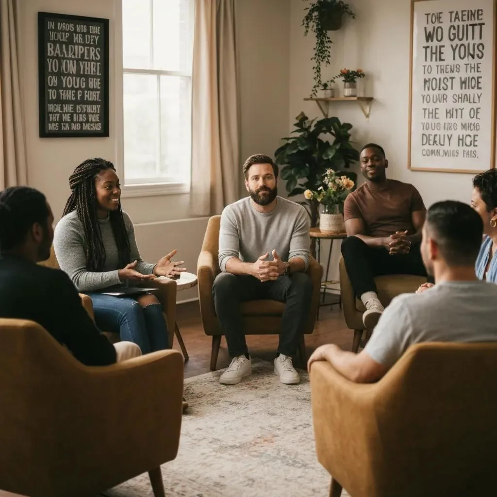 Addiction Treatment Center Serving Enterprise, Nevada Group therapy session in a cozy room, featuring diverse participants engaged in discussion, emphasizing supportive community aspect of inpatient rehab.