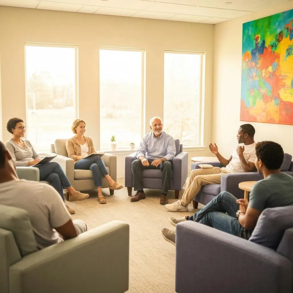 Group therapy session in a drug rehab center, featuring diverse participants engaged in discussion, fostering a supportive environment for addiction recovery.