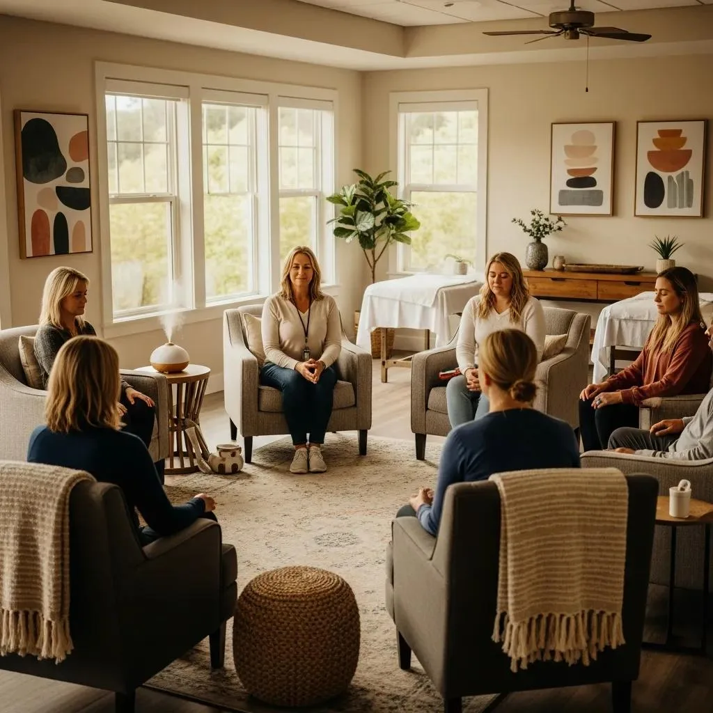 Luxury Rehab Centers In Las Vegas, Nevada Group therapy session in a luxury rehab center, featuring participants seated in comfortable chairs, engaged in mindfulness practice, surrounded by natural light and calming decor, emphasizing therapeutic and holistic care.