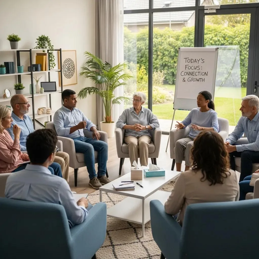 Group Therapy Session In A Modern Alcohol Rehab Facility, Showcasing Diverse Individuals Engaged In Discussion