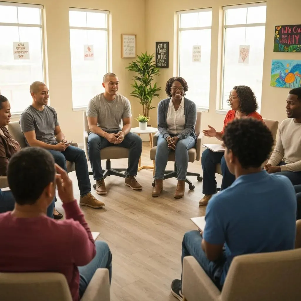 Group therapy session in a rehab facility, individuals engaged in discussion, promoting community and healing in a supportive environment.