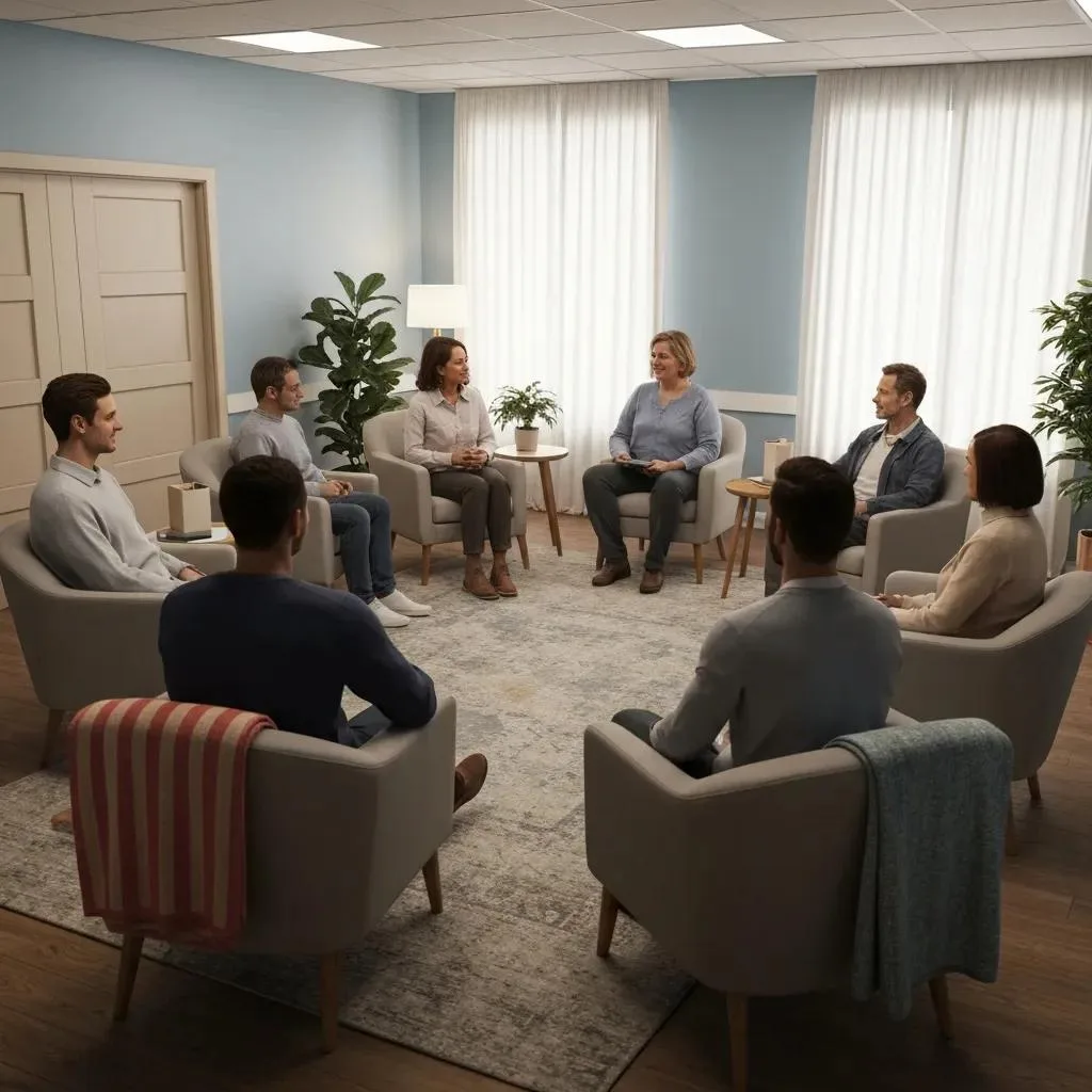 Group therapy session in a rehabilitation center, featuring participants engaged in discussion, emphasizing support and community in inpatient rehab.