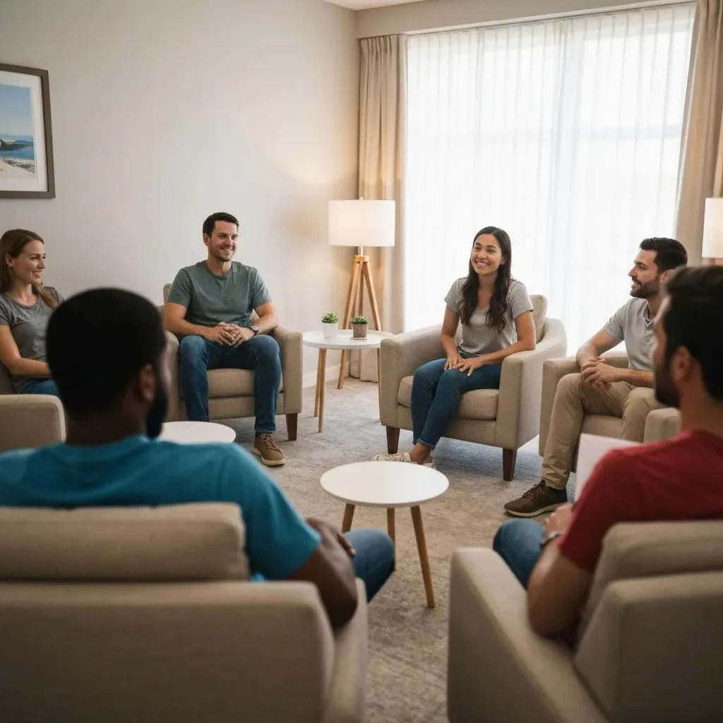 Addiction Treatment Center Serving Spring Valley, Las Vegas Group therapy session in a residential rehab facility, featuring participants engaged in supportive discussion, highlighting the therapeutic environment of inpatient treatment.