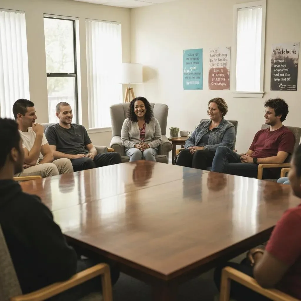 Alcohol Addiction Rehab In Las Vegas, Nevada Group therapy session in a residential rehab facility, featuring individuals engaged in supportive dialogue, fostering community and recovery in alcohol addiction treatment.