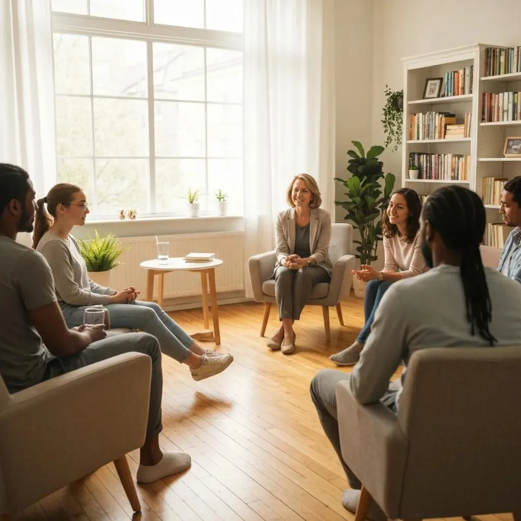 Group therapy session in a supportive environment with engaged participants discussing addiction treatment approaches.