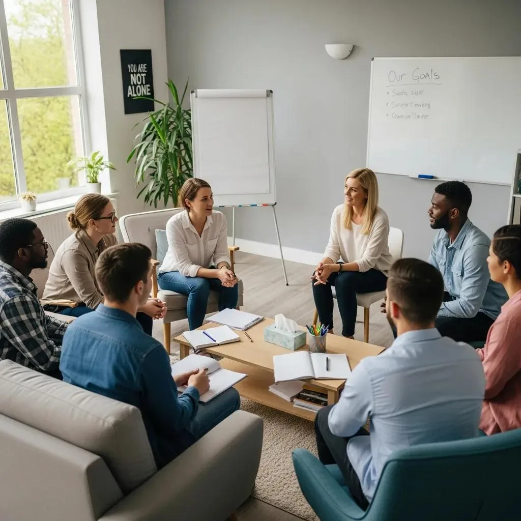 Addiction Treatment Costs: What To Expect &Amp; Plan Group therapy session in a welcoming environment with participants engaged in discussion, highlighting collaboration and support in addiction treatment.