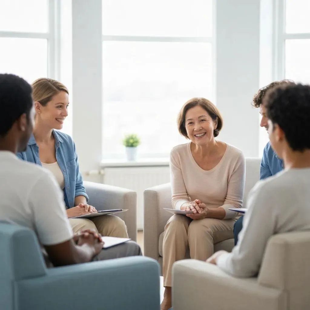 Group therapy session in a welcoming inpatient rehab setting, featuring diverse participants engaged in supportive discussion, emphasizing community support and recovery.