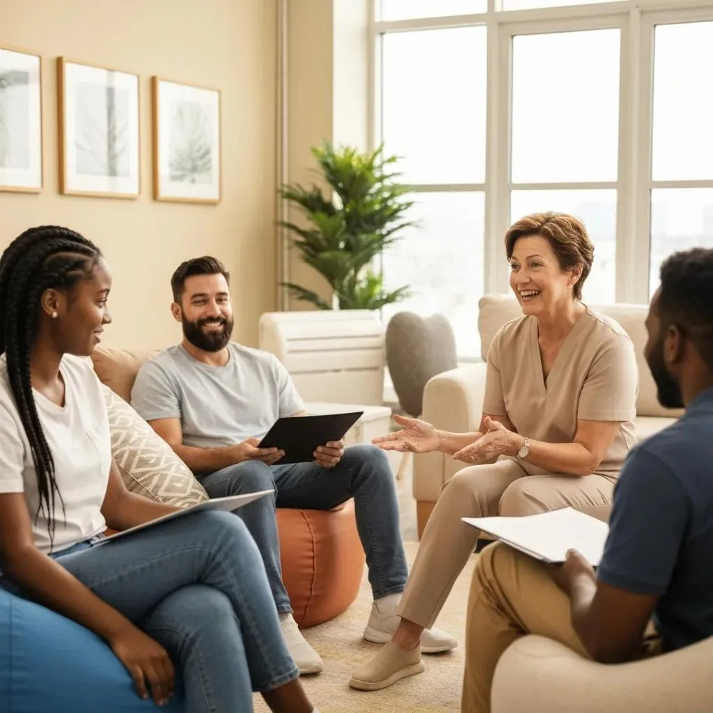 Group therapy session in an inpatient rehab facility, featuring a diverse group of participants engaged in discussion with a facilitator, emphasizing therapeutic support and recovery.