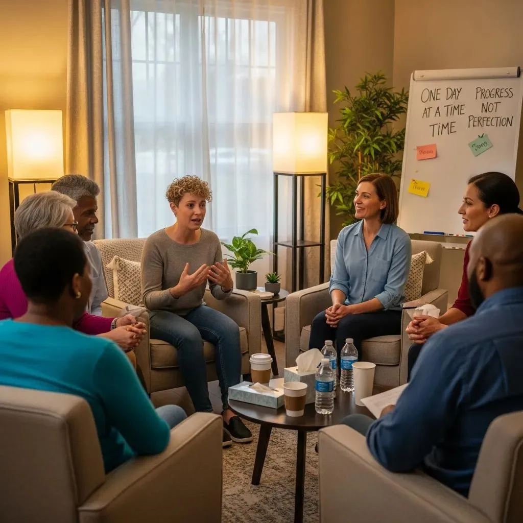 Addiction Treatment &Amp; Rehab Henderson, Nevada Group Therapy In A Residential Rehab Setting Showing Community Support And Clinical Engagement