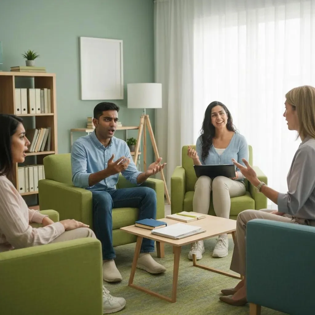 Group therapy session in an inpatient rehab facility, featuring diverse participants engaging in discussion, emphasizing support and collaboration in addiction recovery.