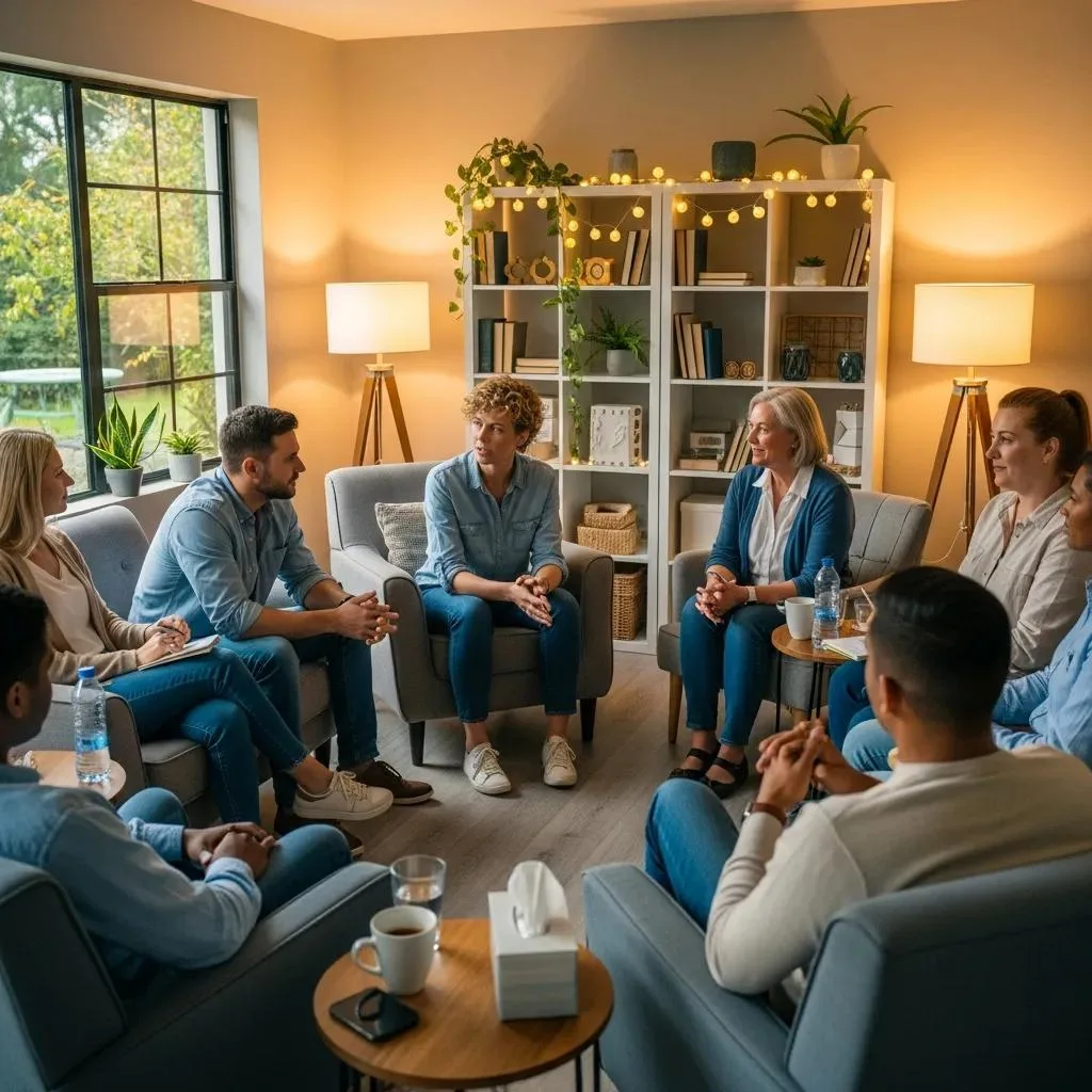 Group Therapy Session At An Inpatient Rehab Facility — Community Support For Adderall Recovery
