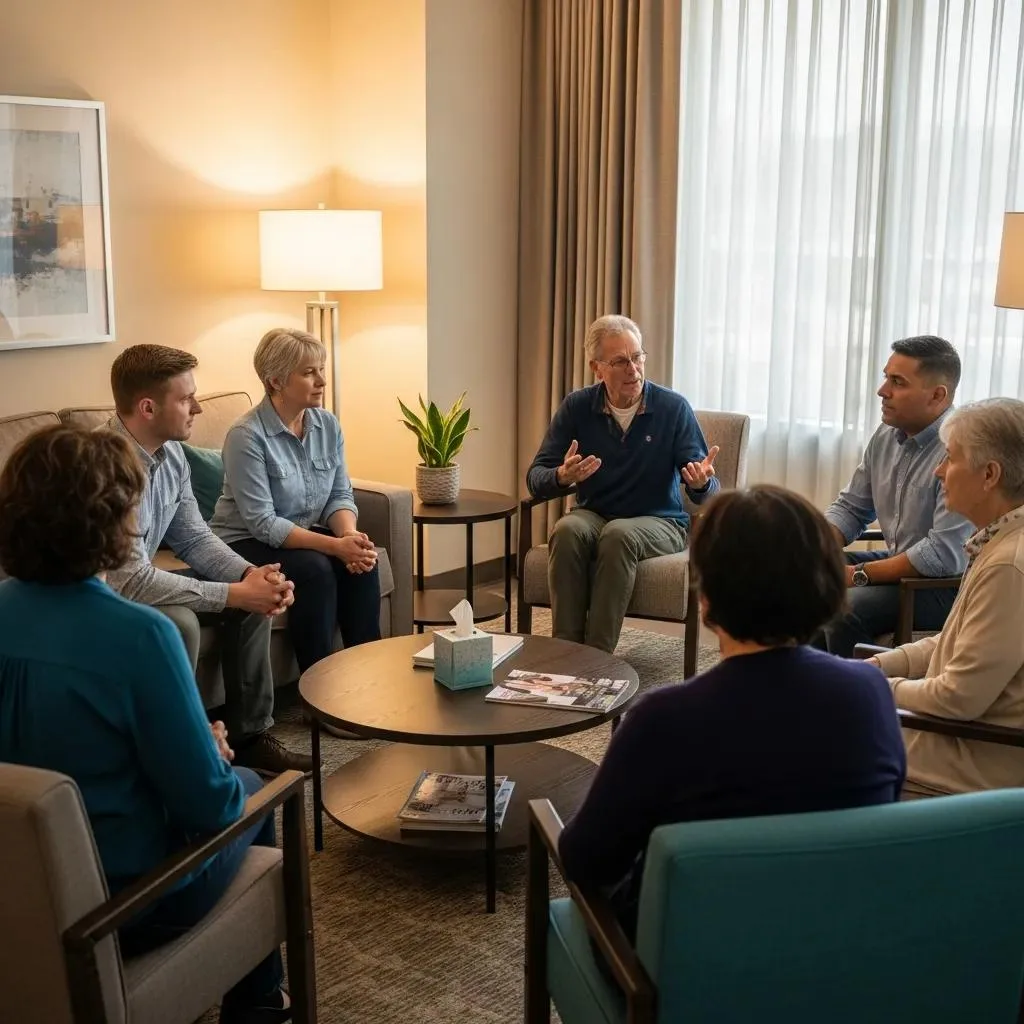Group Therapy Session In An Inpatient Rehab Facility Promoting Collaboration