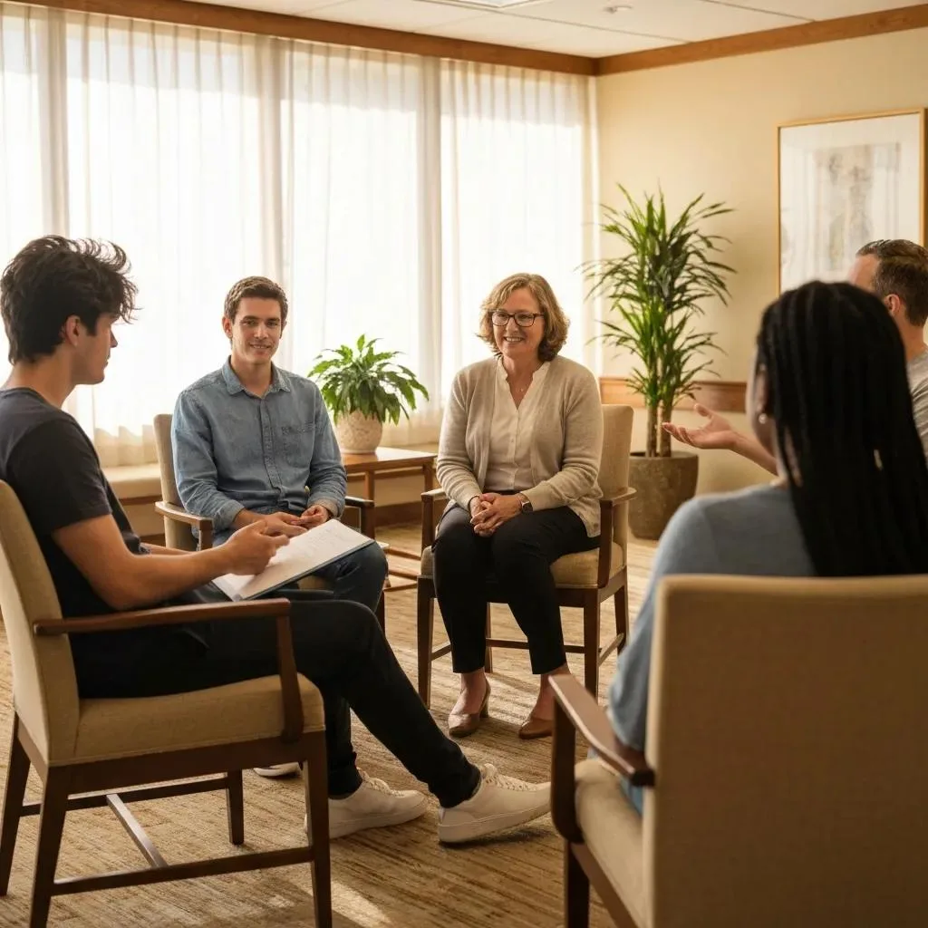 Group Therapy In An Inpatient Rehab Setting, Showing Peer Support And Engagement