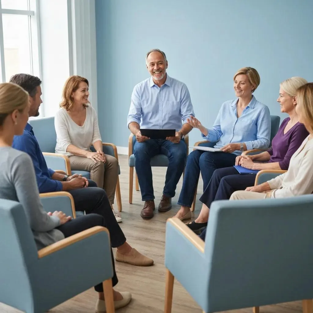 Addiction Treatment Center Serving Summerlin, Las Vegas Group therapy session in an inpatient rehab facility, showcasing community support and engagement among participants during recovery discussions.
