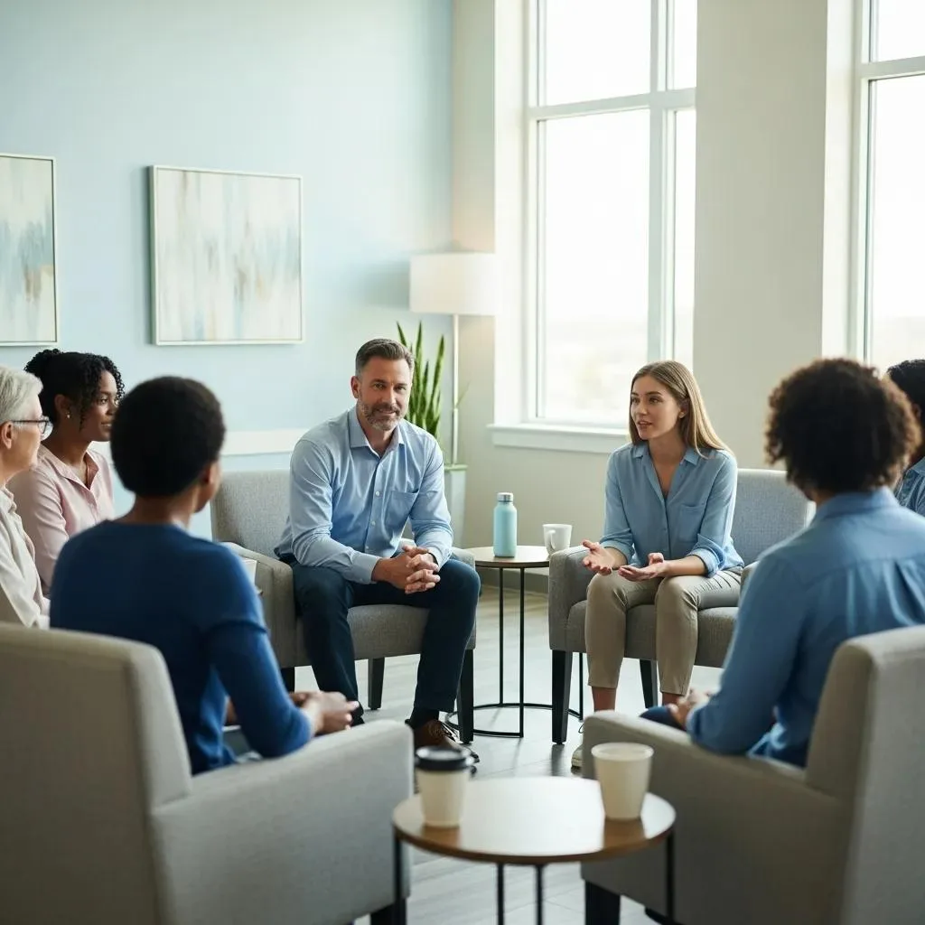 Prescription Drug Detox Green Valley, Nevada Group therapy session in an inpatient rehab facility, featuring diverse participants engaged in discussion, emphasizing support and collaboration for prescription drug addiction recovery.