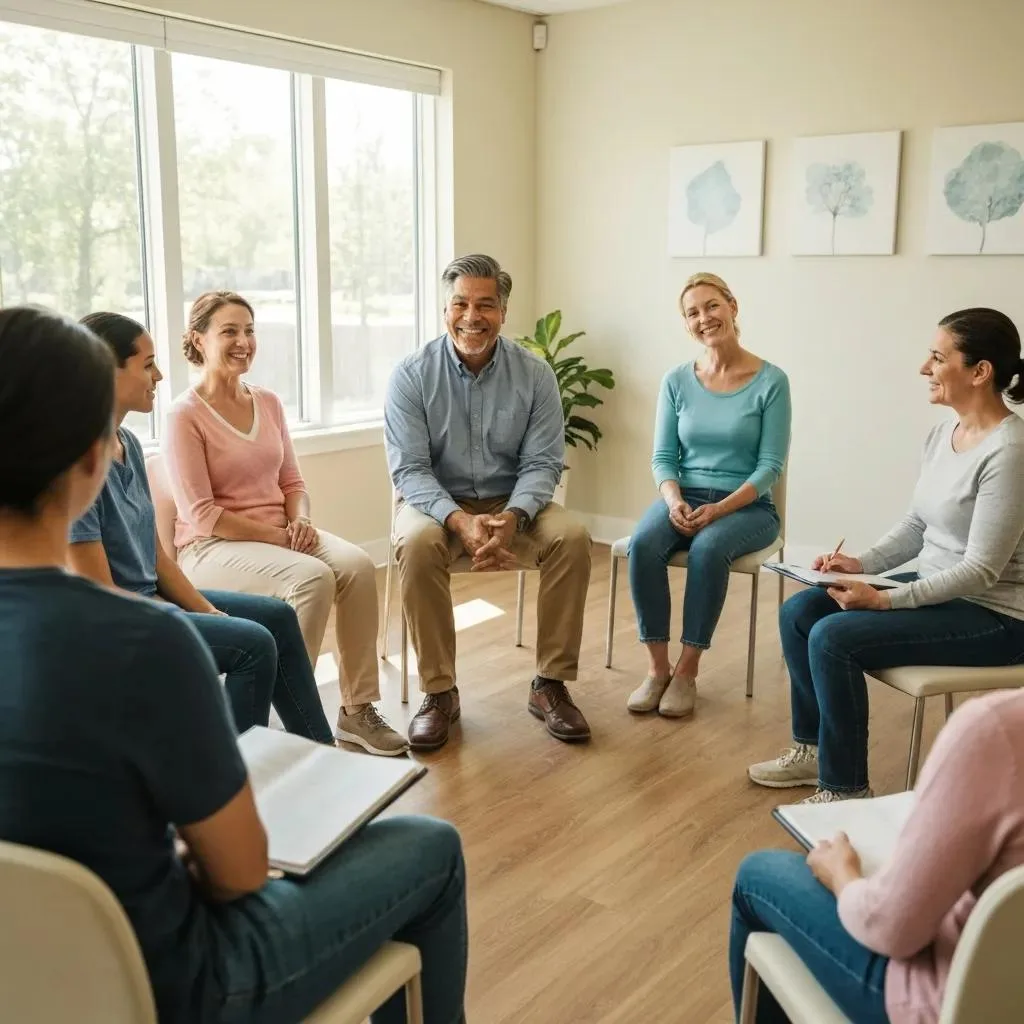 Cocaine Detox &Amp; Withdrawal Support In Las Vegas Group therapy session in an inpatient rehab setting, featuring diverse participants engaged in discussion, emphasizing support and recovery for cocaine addiction.