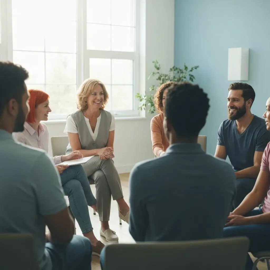 How To Find An Addiction Rehab Near Me In Las Vegas Group therapy session in an inpatient rehab setting, featuring diverse participants engaged in discussion with a facilitator, emphasizing support and connection in recovery.