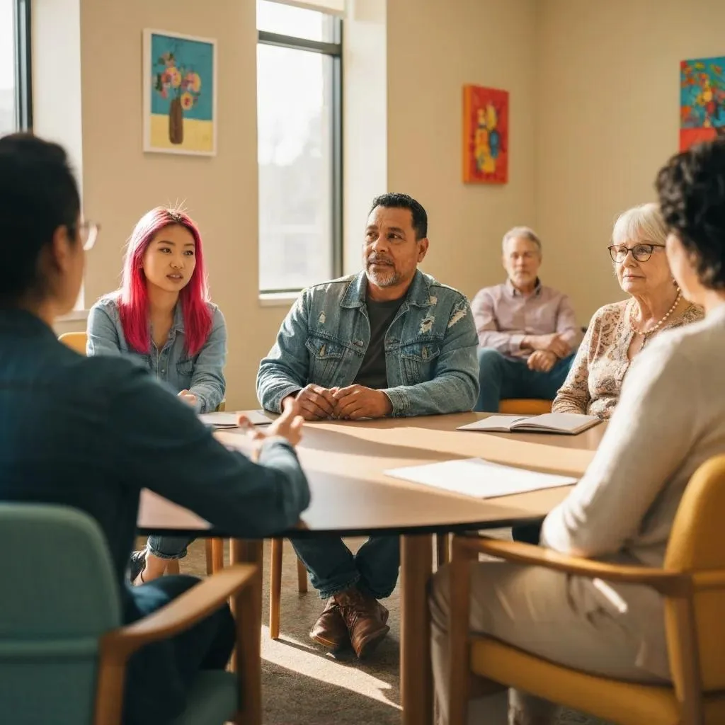 Addiction Treatment Center Serving Paradise, Nevada Group therapy session in outpatient addiction treatment center, diverse participants engaged in discussion, supportive environment, focus on community and recovery.