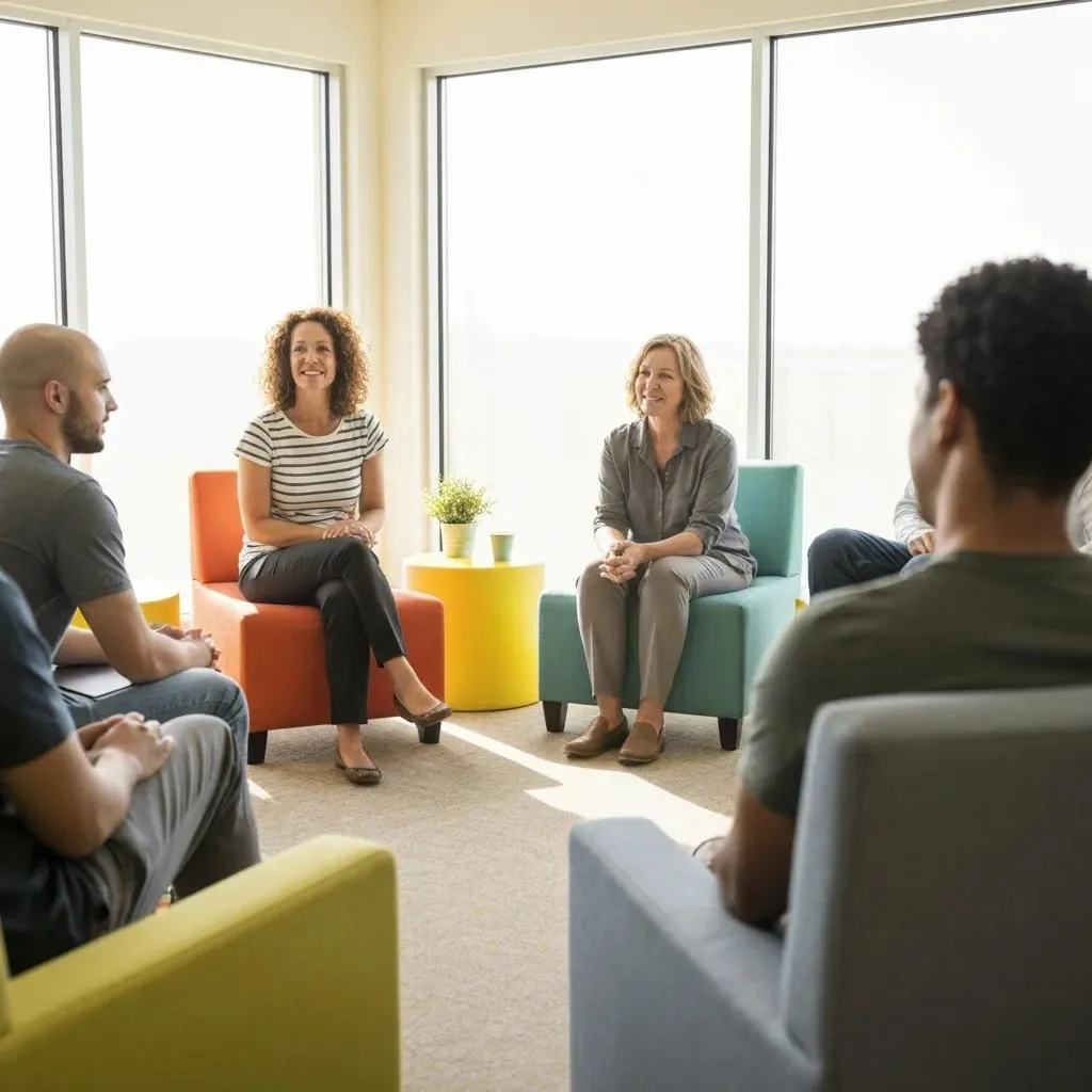 Group therapy session for stimulant addiction recovery in an outpatient setting, featuring participants engaged in discussion with facilitators in a bright, supportive environment.