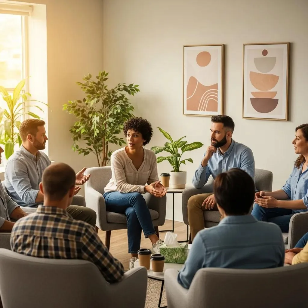 Outpatient Group Therapy Session Showing Supportive Peer Interaction And Clinician Guidance