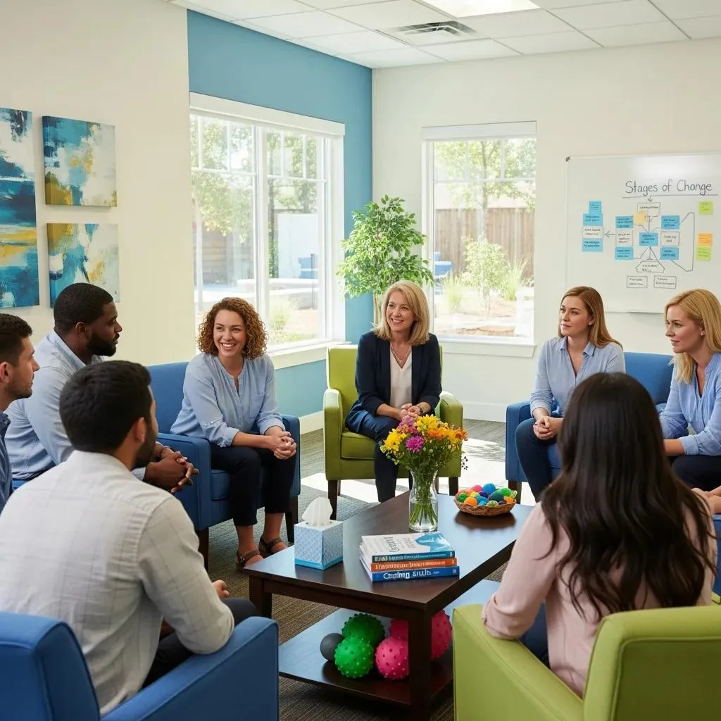 Group therapy session in outpatient rehab setting, showcasing community support in recovery, with participants engaged in discussion and a facilitator, surrounded by a bright, welcoming environment.