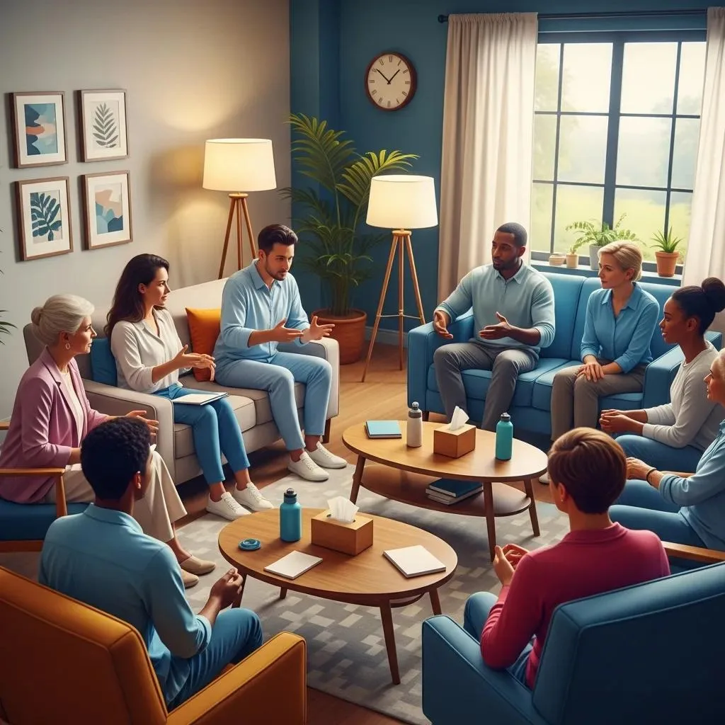 A Group Therapy Session Inside An Inpatient Opioid Rehab Program, Fostering Connection And Recovery