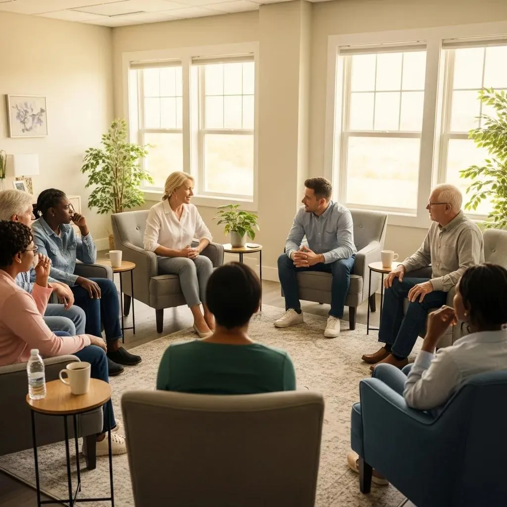 Group therapy session in an inpatient rehab setting, individuals engaged in discussion, fostering connection and support, surrounded by a safe and supportive environment.