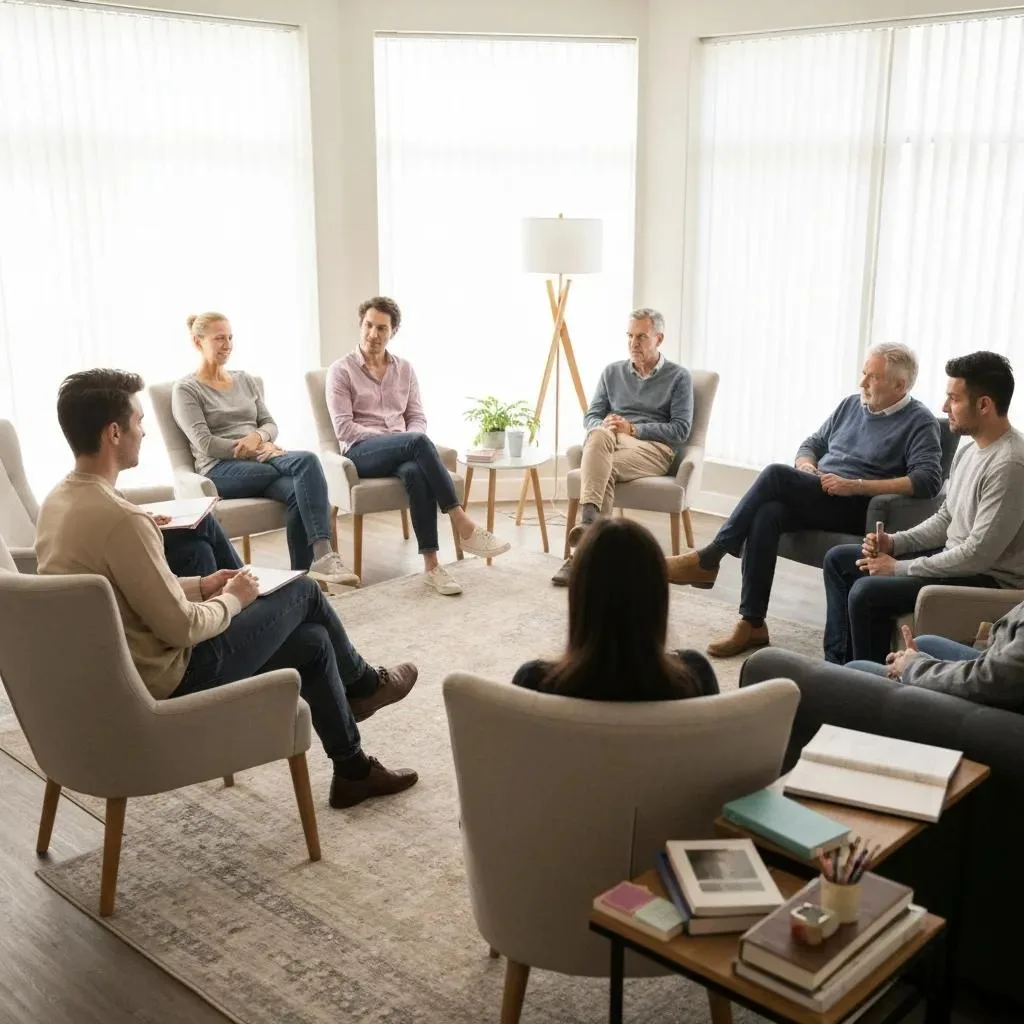A Comprehensive Guide To Effective Addiction Treatment Options Available In Las Vegas Group Therapy Session In An Inpatient Rehab Setting, Showing Supportive Engagement
