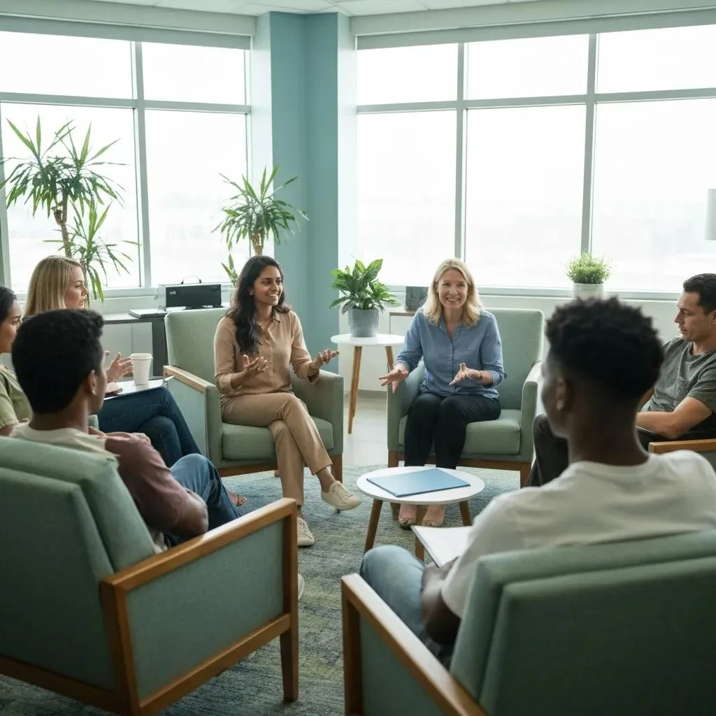 Group Therapy In A Residential Rehab Setting Showing Community Support And Therapeutic Engagement For Prescription Drug Recovery