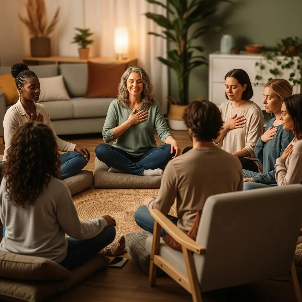 Meditation &Amp; Mindfulness In Addiction Recovery Group therapy session practicing mindfulness techniques, participants seated in a circle, engaging in urge surfing with guided meditation, fostering emotional regulation and coping skills for addiction recovery at BetterChoice Treatment Center.