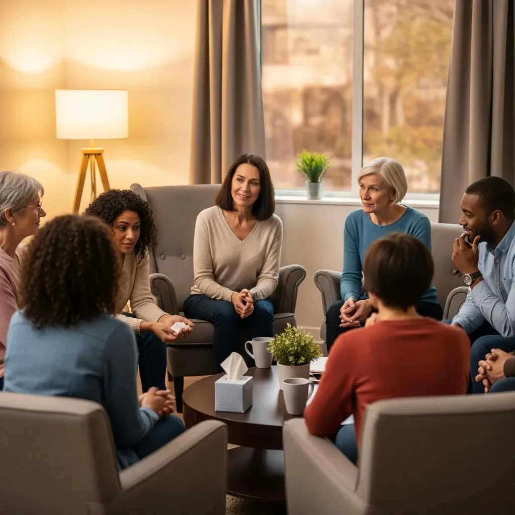 How To Find A Therapist For Addiction Recovery Group therapy session with diverse individuals discussing addiction recovery, emphasizing the importance of peer support and expert counseling in a comfortable setting.