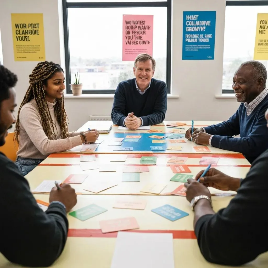Small Group Working Through A Values Exercise Together, Showing Connection And Growth