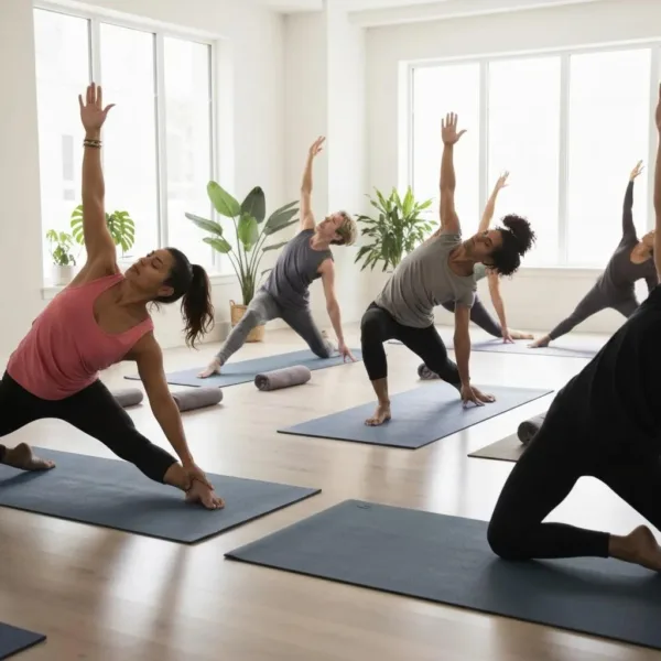 Group Yoga Practice In A Serene Studio, Emphasizing Community Support In Addiction Recovery