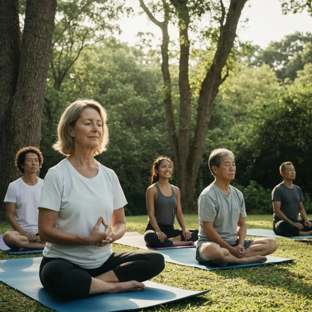 Outdoor Group Yoga Session At A Luxury Rehab Center Promoting Relaxation And Mindfulness