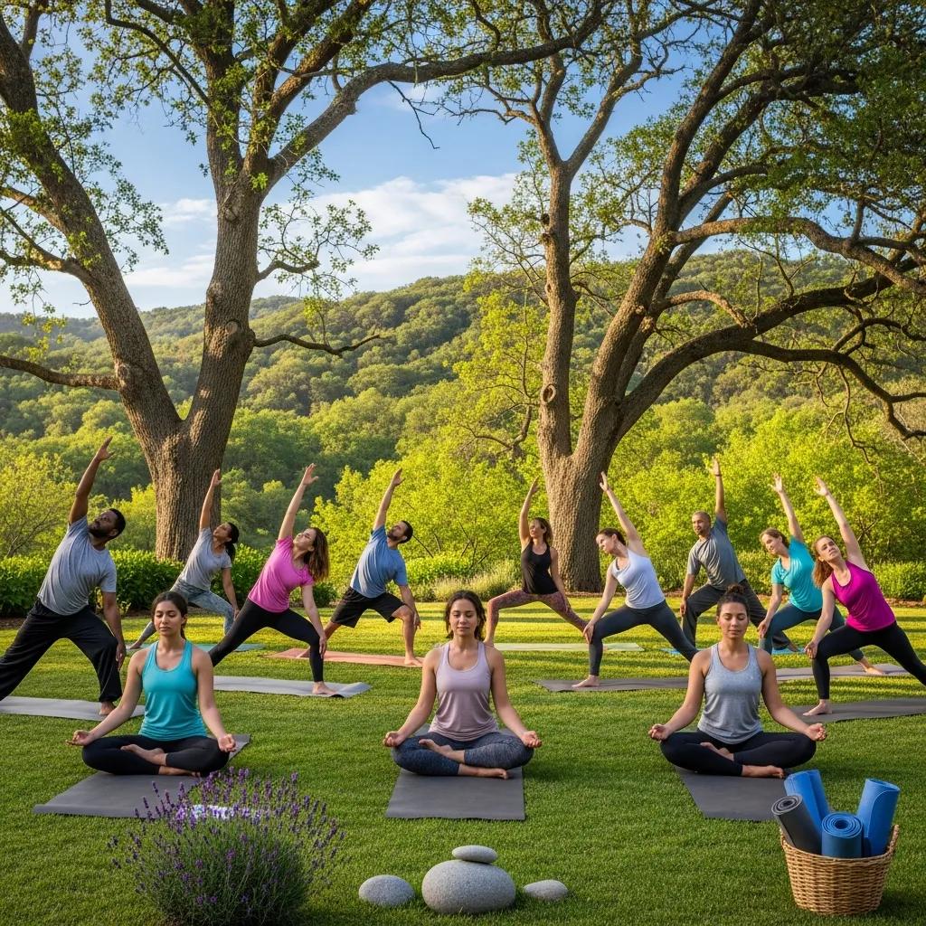 Daily Recovery Checklist For Sustained Sobriety Group yoga session in nature, illustrating holistic therapies for addiction recovery, featuring participants in various poses on mats surrounded by trees and greenery.