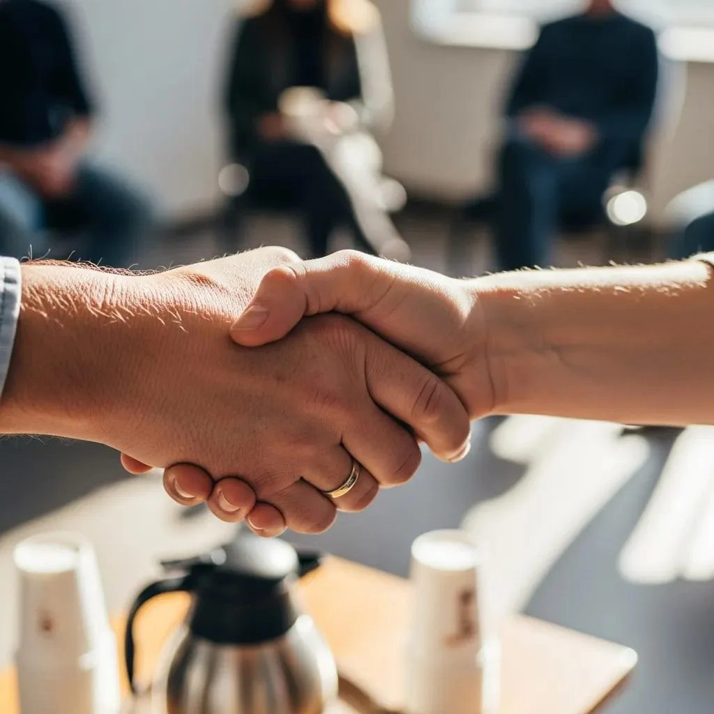 How To Find A Sponsor For Addiction Recovery Handshake symbolizing trust and partnership in addiction recovery, with blurred figures in a supportive group setting.