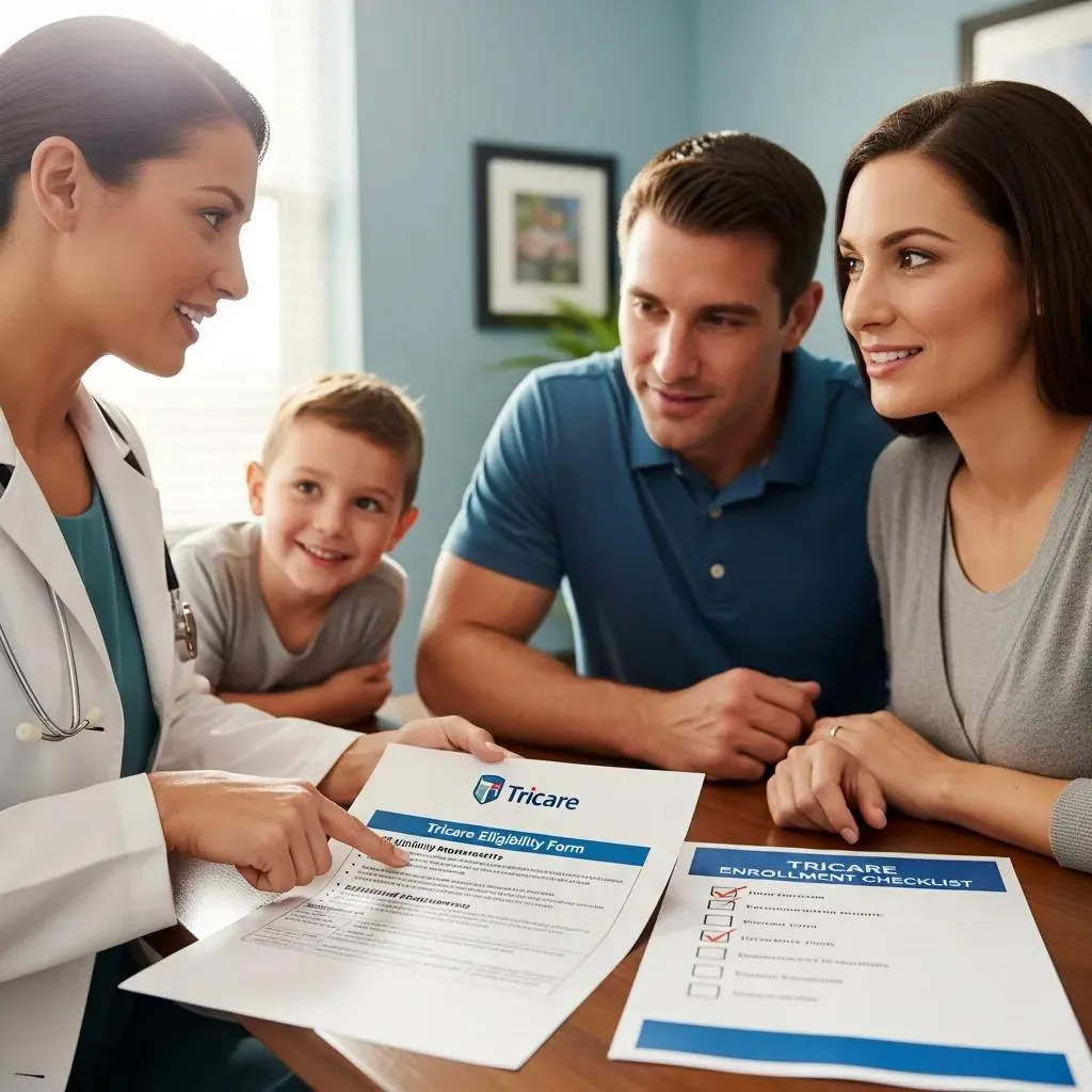 Tricare Insurance For Rehab Anthem, Nevada Healthcare professional assisting military family with Tricare eligibility documents, including Tricare eligibility form and enrollment checklist, in a supportive consultation setting.