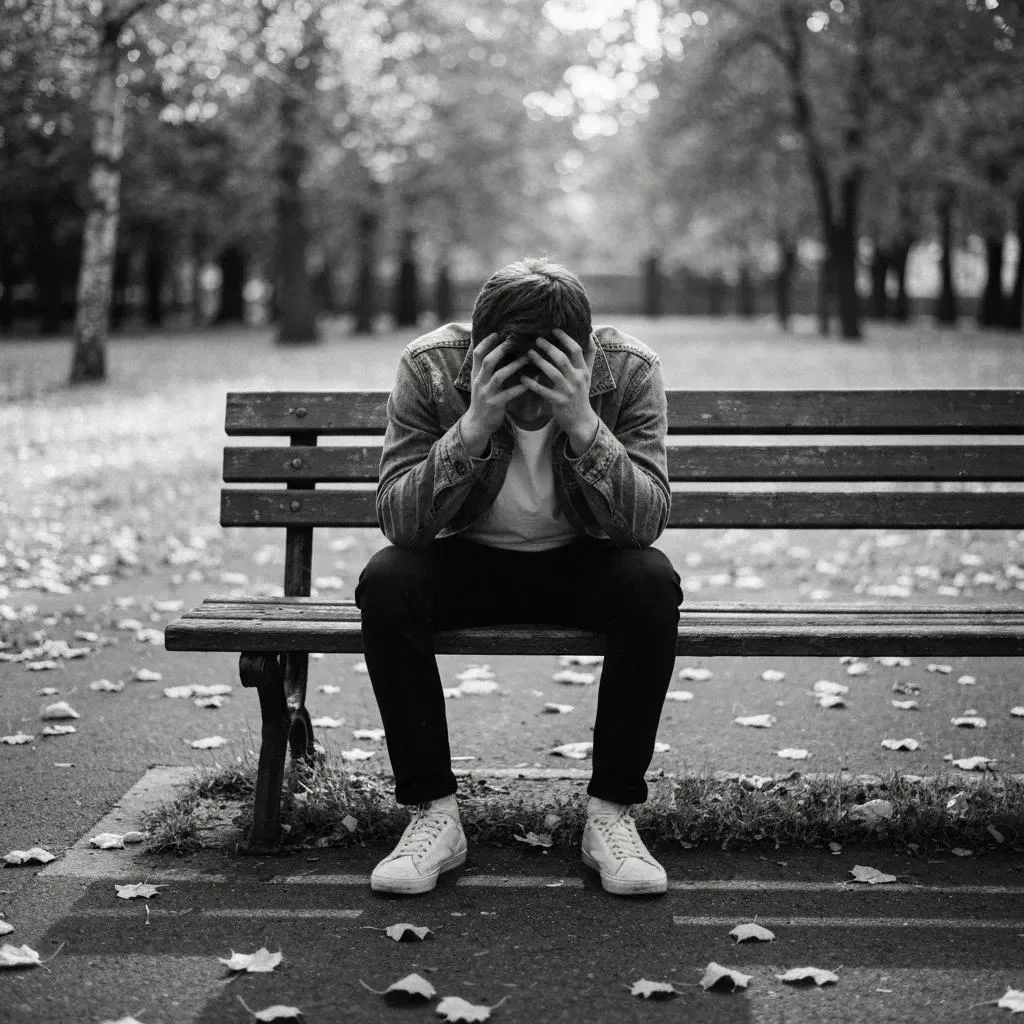 Man sitting on a park bench with head in hands, expressing distress, surrounded by fallen leaves, illustrating emotional struggle related to fentanyl addiction and detox challenges.
