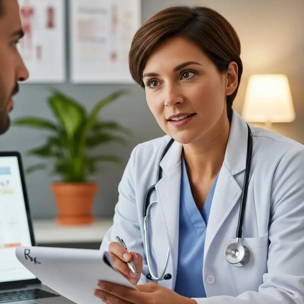 Prescription Drug Rehab Anthem, Nevada Healthcare professional discussing medication-assisted treatment options with a patient, emphasizing personalized care for opioid addiction, in a clinical setting with a laptop and plant in the background.