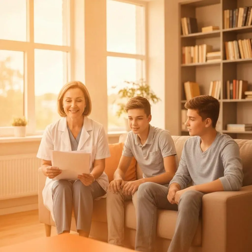 Healthcare professional explaining accreditation documents to two young individuals in a comfortable setting, emphasizing the importance of accredited addiction treatment services.