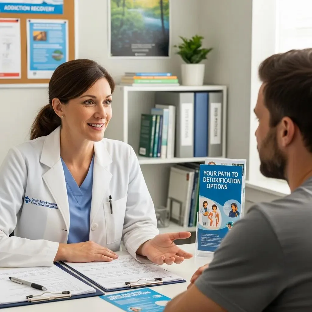 Healthcare Professional Explaining Detox Options To A Patient In A Clinical Setting