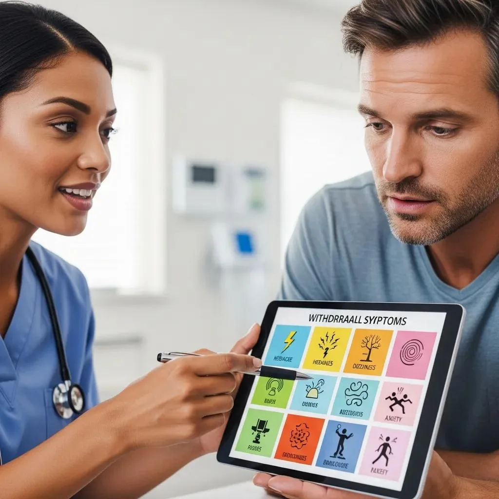 Medical Detox: What To Expect During Withdrawal Healthcare professional explaining withdrawal symptoms to a patient using a tablet displaying various symptoms like headache, dizziness, and anxiety in a clinical setting.