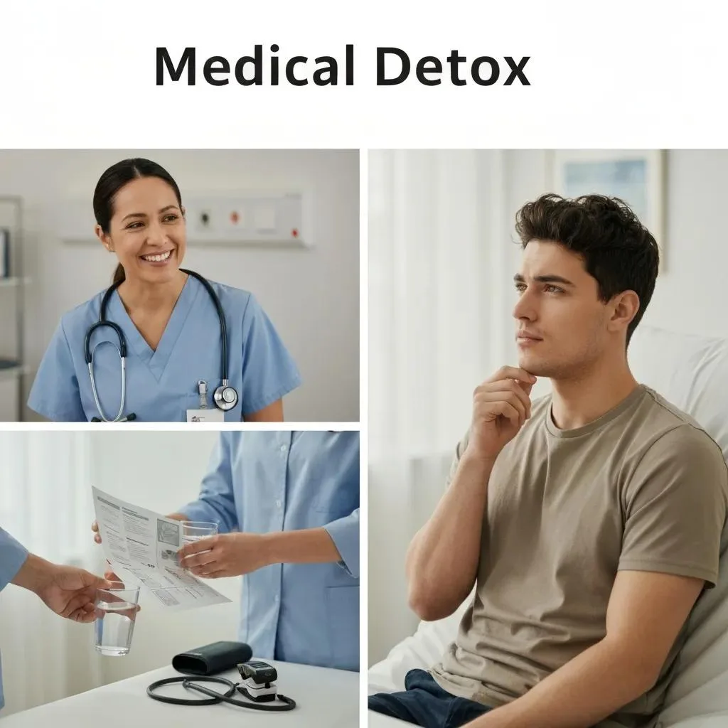 Medical detox scene featuring healthcare professional with stethoscope smiling, patient considering treatment options, and clinician providing information with hydration support, emphasizing safe substance withdrawal management.