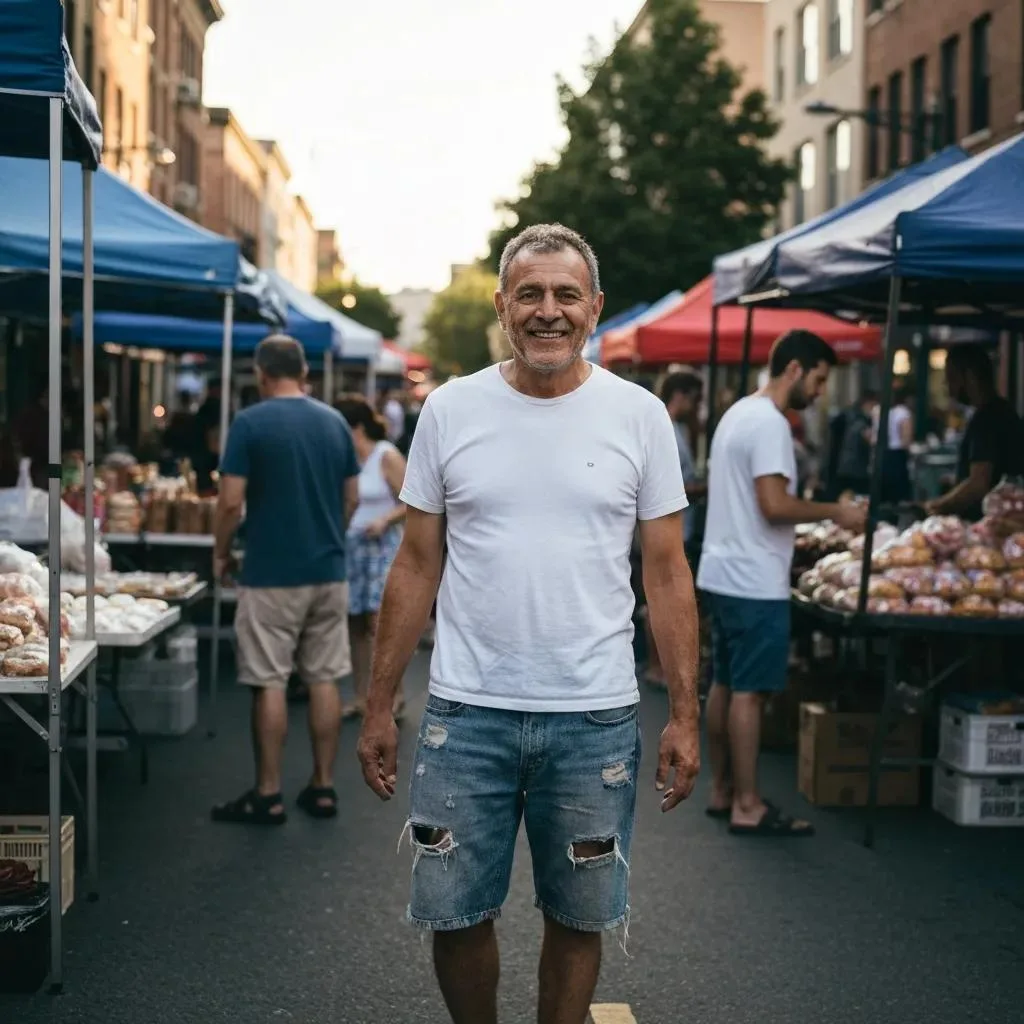 Alcohol Addiction Rehab In Las Vegas, Nevada Man smiling at a bustling outdoor market, surrounded by vendor tents and shoppers, highlighting community engagement and social interaction.