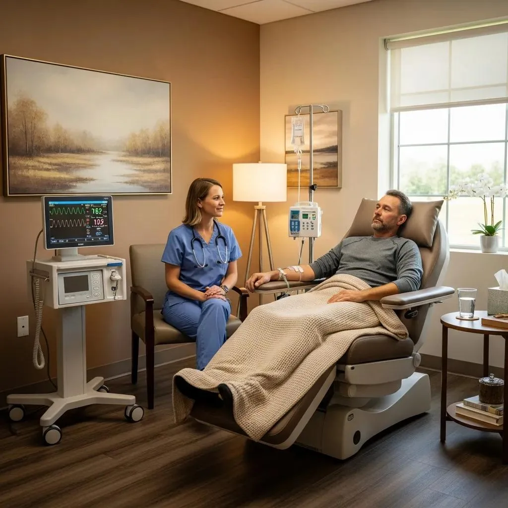 Clinician Monitoring A Patient During Medical Alcohol Detox In A Clinical Setting