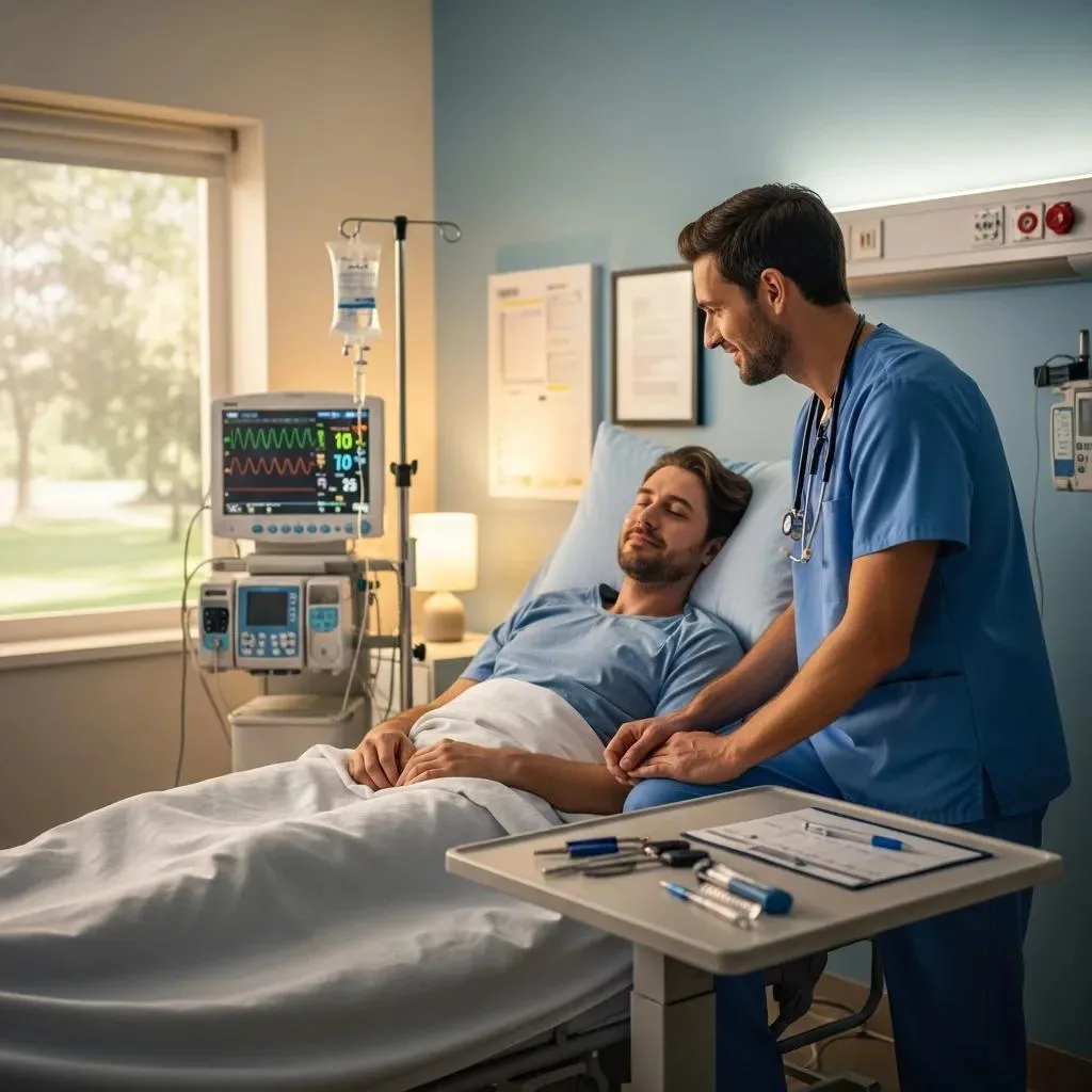 Healthcare professional monitoring patient during medical detox, vital signs displayed on monitor, supportive environment for withdrawal management.