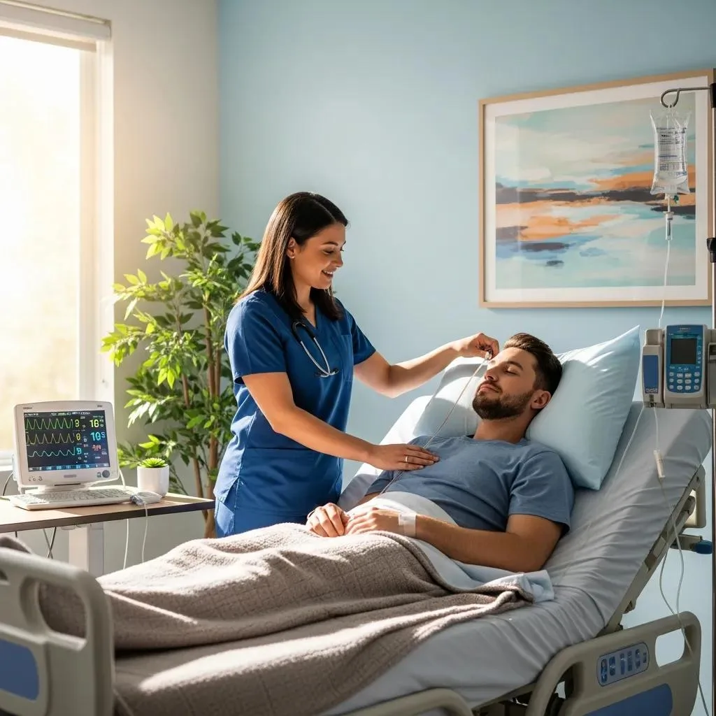 Daily Recovery Checklist For Sustained Sobriety Healthcare professional monitoring patient during medical detox, highlighting stabilization benefits with vital signs check and supportive care in a calming hospital environment.